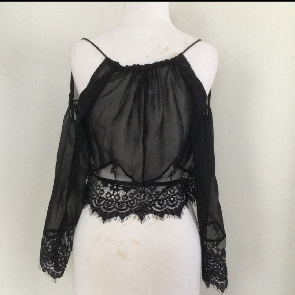 SALE🎊🎉 NEW Shear Chiffon Black Lace Crop Top - Picture 4 of 8